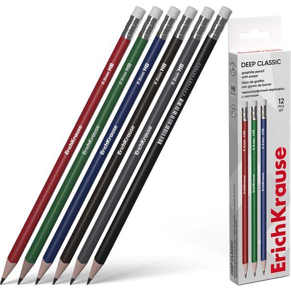 Карандаш чернографитный с ластиком, HB, деревянный, трехгранный, 6 диз., ErichKrause Deep Classic triangular Карандаш чернографитный с ластиком, HB, деревянный, трехгранный, 6 диз., ErichKrause Deep Classic triangular