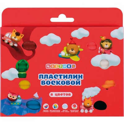 Пластилин восковой ЦВЕТИК: 8 цветов, брусок 15 г, стек (к/к)