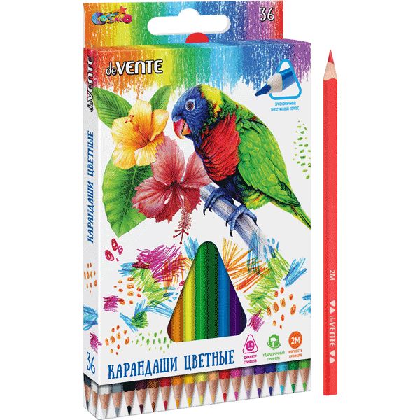 Карандаши цветные 36 шт., деревянные, трехгранные, 2М, deVENTE Cosmo (в к/к)