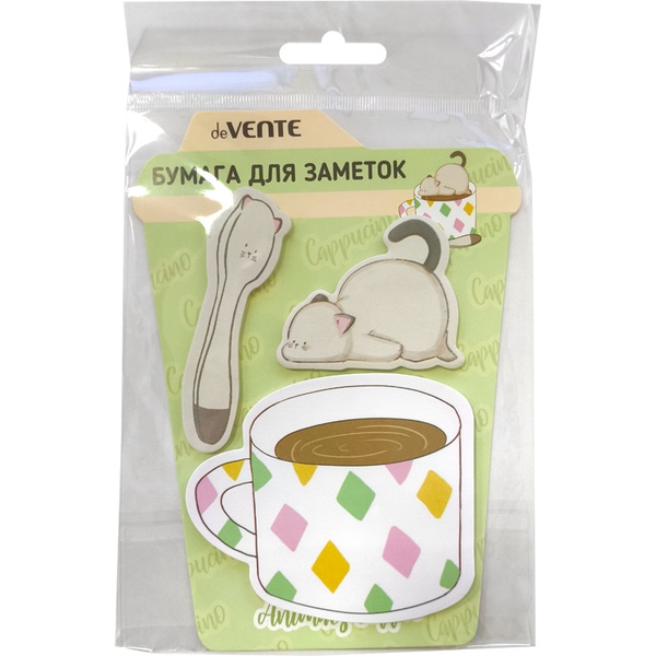 Бумага для заметок с клеевым краем, 35*54 - 80*68 мм, 3*20 л., 80 г/м², с печатью, deVENTE Animals Coffee_Cat