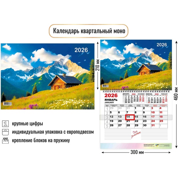 Календарь настенный перекидной 2026 г. (квартальный моно) Природа, 300*460 мм, на гребне