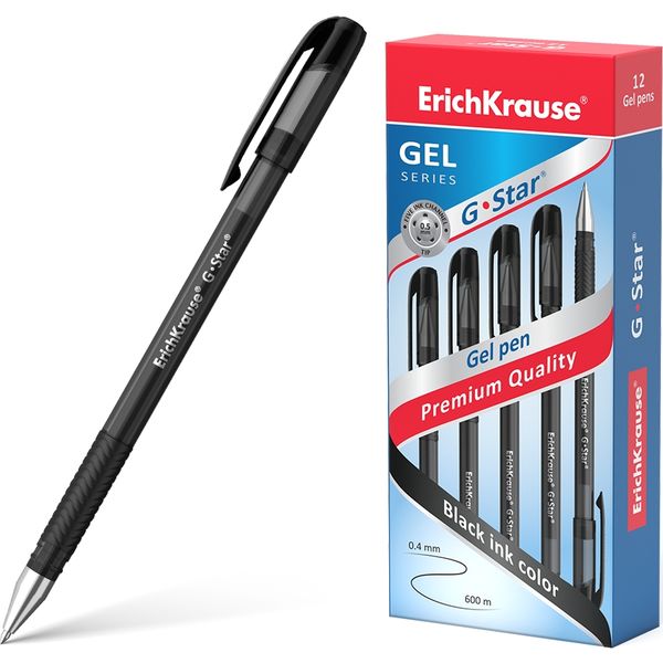 Ручка гелевая черная, Ø 0.5 мм, лин. 0.4 мм, ДП 600 м, ErichKrause G-Star Stick&Grip Original