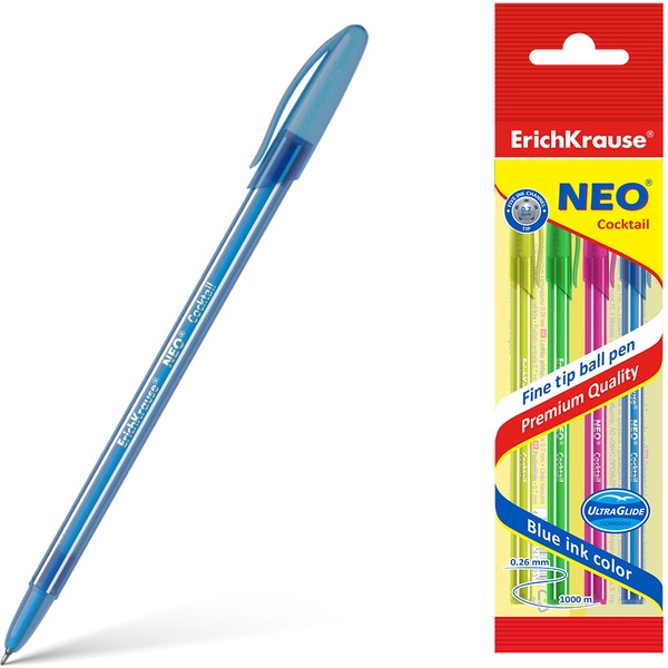 Ручки шариковые, набор 4 шт./синие, Ø 0.7 мм, лин. 0.26 мм, ДП 1000 м, ErichKrause Neo Stick Coctail