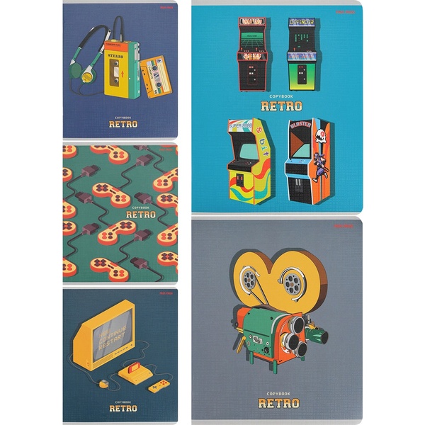 Тетрадь А5, клетка, 48 л., на скобе, 60 г/м², тисн."лен", Prof-Press Рисунки в стиле ретро_5 дизайнов