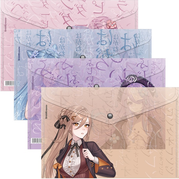 Папка-конверт на кнопке, А4, PP 160 мкм, полупрозрачная, ErichKrause Manga Girls_4 дизайна Папка-конверт на кнопке, А4, PP 160 мкм, полупрозрачная, ErichKrause Manga Girls_4 дизайна