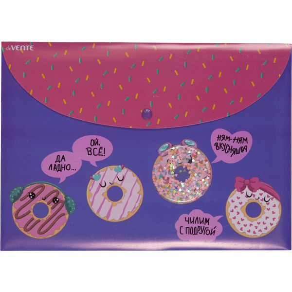 Папка-конверт на кнопке, А4, PP 300 мкм, непрозрачная, аппликация, deVENTE Donuts Папка-конверт на кнопке, А4, PP 300 мкм, непрозрачная, аппликация, deVENTE Donuts