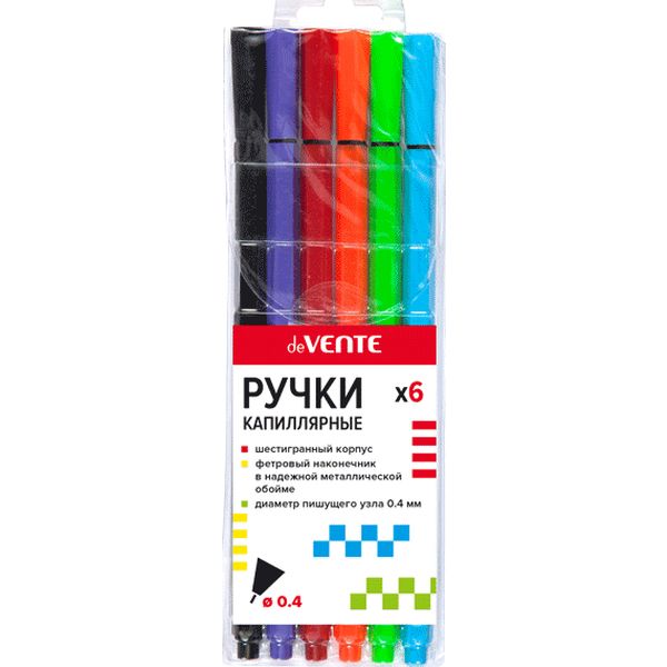 Ручки капиллярные (линеры), набор 6 цветов, лин. 0.4 мм, шестигран. корп., deVENTE