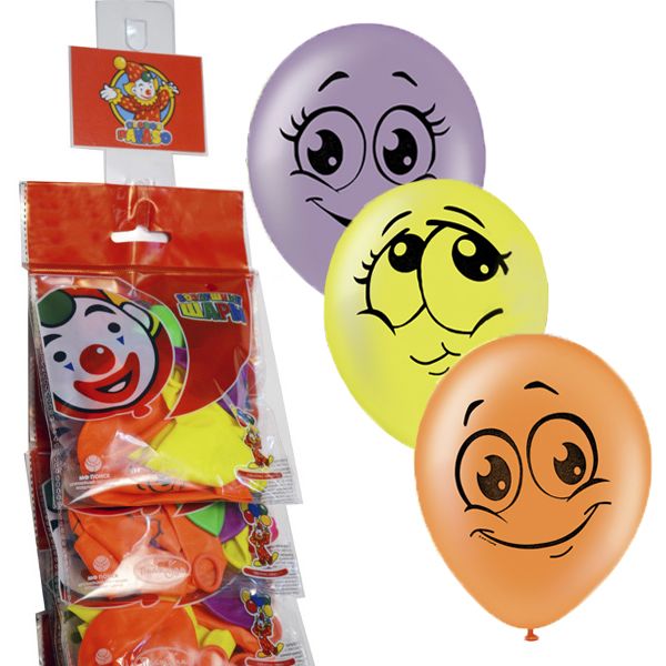 Шары воздушные детские, Ø25 см, латекс, 1-ст. рис., шелк, ФЛУОРЕСЦЕНТНЫЕ Улыбки (10 шт.)