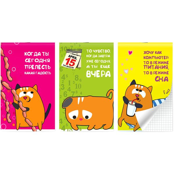 Блокнот на скобе А6, 30 л., клетка, 65 г/м2, Lamark Рыжий кот_3 дизайна   Акция!