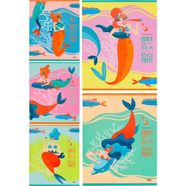 Тетрадь А5, клетка, 48 л., на скобе, 60 г/м², мел. бумага, Profit Абстрактные русалки_5 дизайнов