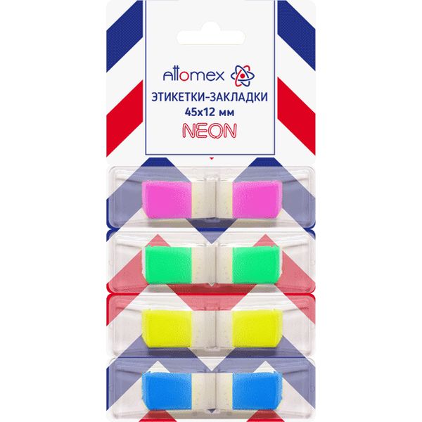 Закладки пластиковые с клеевым краем, 12*45 мм, 4*50 л., 4 цвета, в дисп., Attomex Neon (Z-сложение)