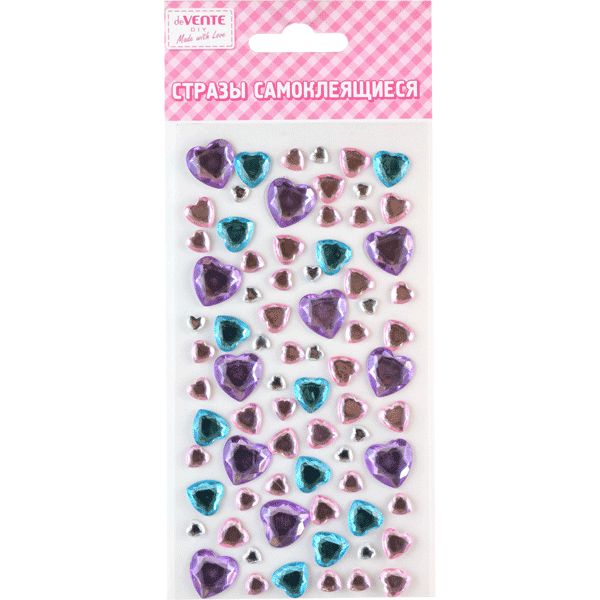 Стразы самоклеящиеся, карточка 80*160 мм (разный р-р), цв.: микс, deVENTE Heart №3 