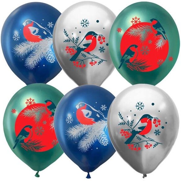 Шары воздушные НГ, Ø28 см, латекс, 2-ст. рис., ХРОМ Снегири синий_изумрудный_серый (10 шт.)