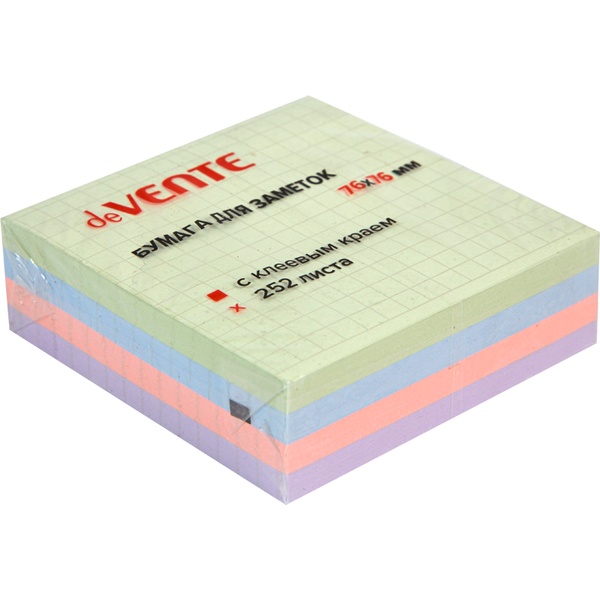 Бумага для заметок с клеевым краем, 76*76 мм, 252 л., 75 г/м², пастельная, 4 цвета в клетку, deVENTE