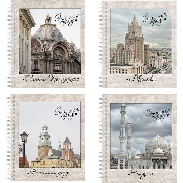 Тетрадь А5, клетка, 48 л., на гребне, 60 г/м², Alingar Города России_4 дизайна