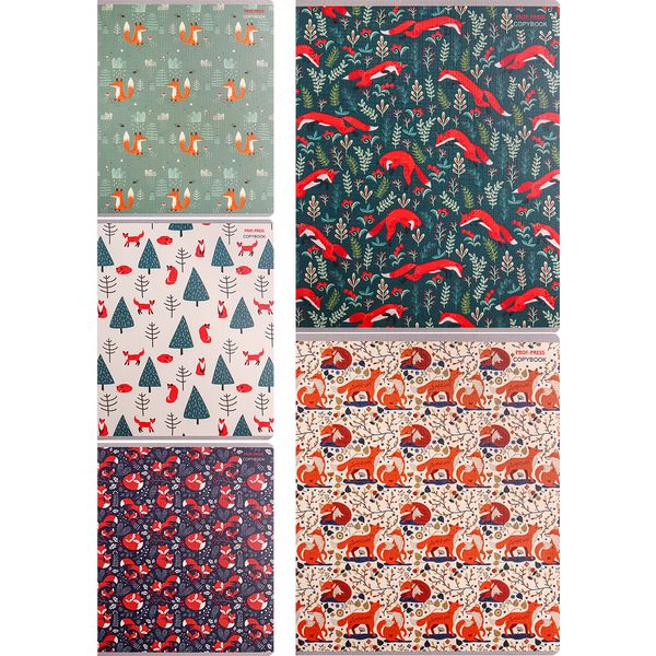 Тетрадь А5, клетка, 48 л., на скобе, 60 г/м², тисн. "лен", Prof-Press Узоры с лисичками_5 дизайнов