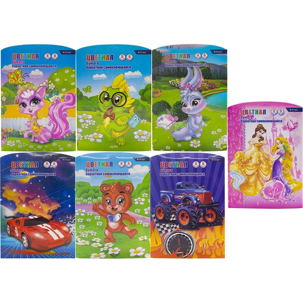 Бумага цветная бархатная самоклеящаяся 8 цв., 8 л., А4, 1-ст., в папке, Alingar_7 дизайнов