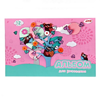 Альбом для рисования А4, 12 л., скоба, 100 г/м², обл. мел. карт., Hatber Совушки_5 дизайнов