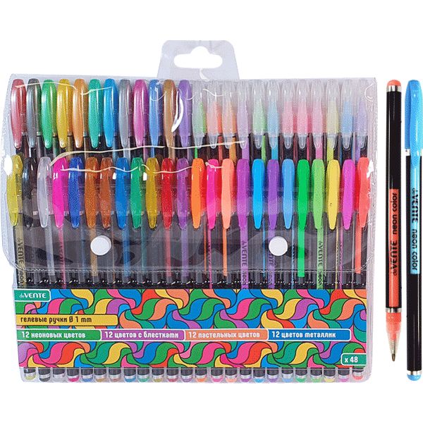 Ручки гелевые, набор 48 шт./48 цв. (неон., паст., блест., метал.), Ø 1.0 мм, лин. 0.45 мм, deVENTE