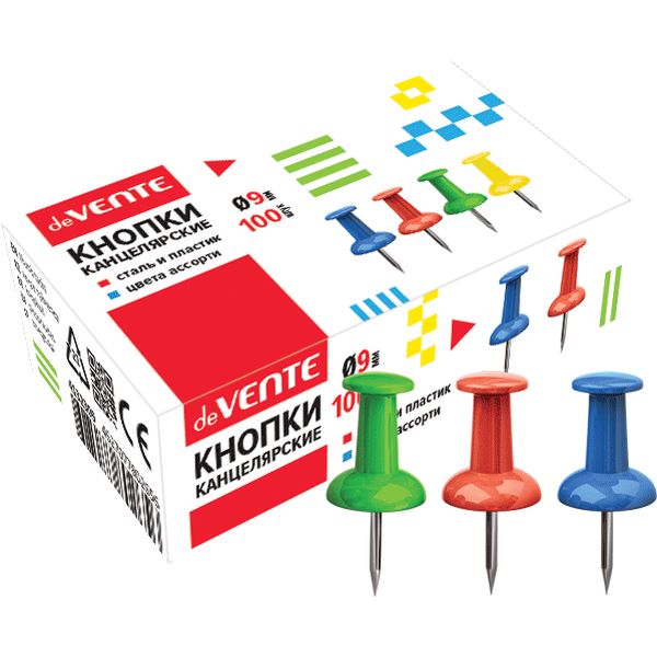 Кнопки-гвоздики 100 шт., Ø 9 мм, игла 11 мм, цветные, к/к, deVENTE