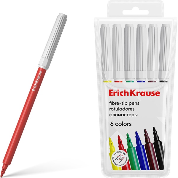 Фломастеры 6 цветов ErichKrause Basic Washable, смываемые, чернила на в/о, вентилируемый колпачок, пвх