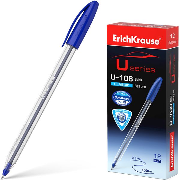 Ручка шариковая синяя, 1.0 мм, узел-игла, грип, ErichKrause U-108 Stick Classic Ручка шариковая синяя, 1.0 мм, узел-игла, грип, ErichKrause U-108 Stick Classic