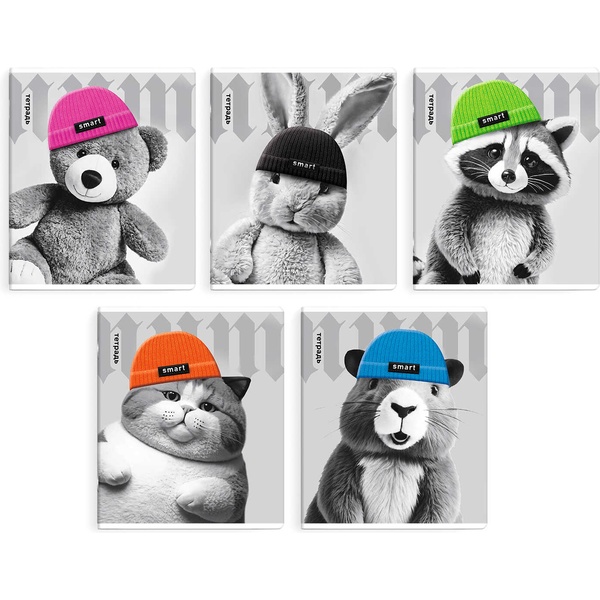 Тетрадь А5, клетка, 48 л., на скобе, 60 г/м², твин-лак, Феникс+ Звери в шапочках_5 дизайнов