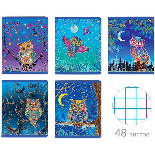Тетрадь А5, клетка, 48 л., на скобе, 60 г/м², твин-лак, с/углы, АЛЬТ Сказочные совы_5 дизайнов