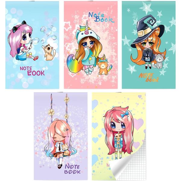 Блокнот на скобе А6, 30 л., клетка, 65 г/м2, Lamark Милашки-аниме_5 дизайнов Акция!