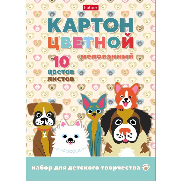 Картон цветной мелованный 10 цв., 10 л., А5, 1-ст., КБС, Hatber Ушастики