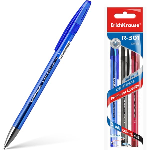Ручки гелевые, набор 3 шт./3 цвета, 0.5 мм, узел Standard, ErichKrause R-301 Gel Stick Original Ручки гелевые, набор 3 шт./3 цвета, 0.5 мм, узел Standard, ErichKrause R-301 Gel Stick Original
