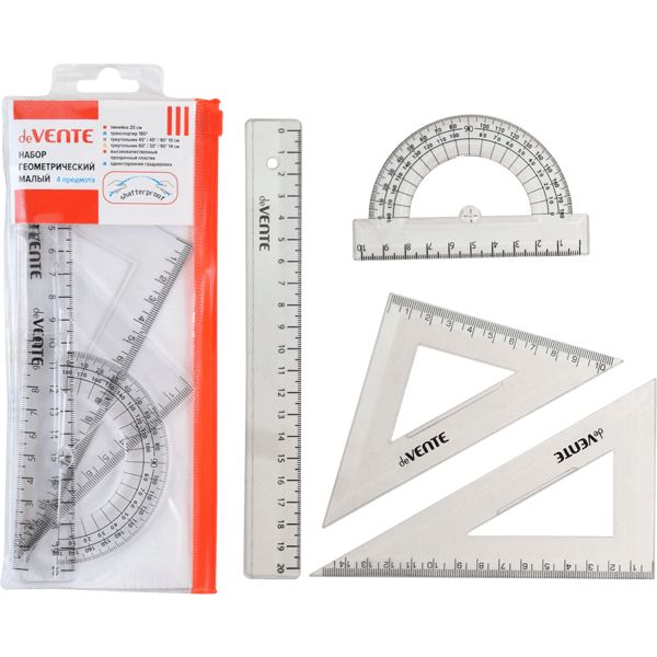 Инструменты чертежные 4 предм.: лин. 20, угол. 45°/14 и 30°/10, трансп., deVENTE (прозрачные)
