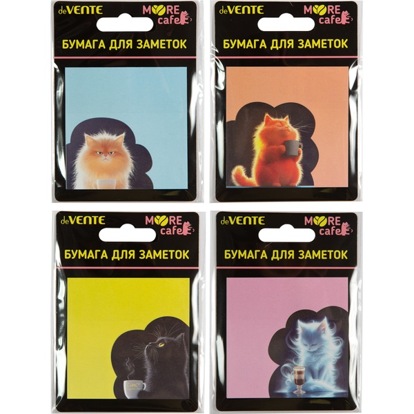 Бумага для заметок с клеевым краем, 70*70 мм, 20 л., 80 г/м², с печатью, deVENTE MooreCafe_4 дизайна