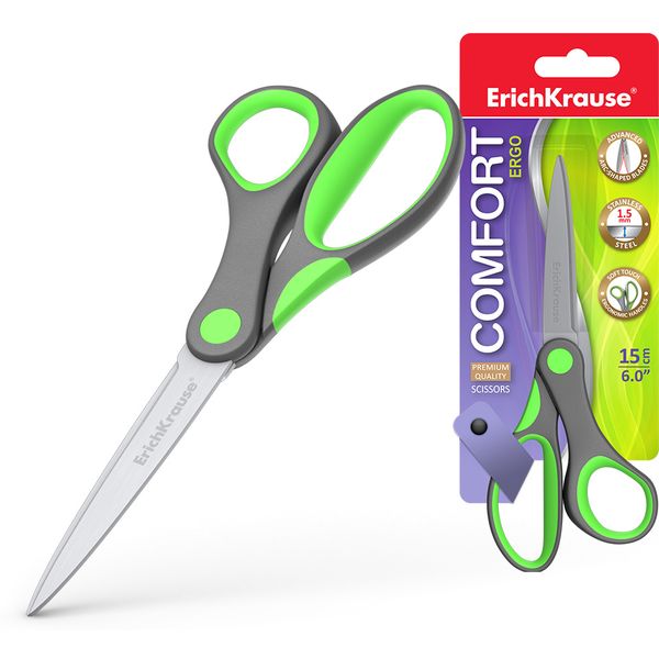 Ножницы 150 мм, эргономичные, прорезин. кольца, серо-зеленые, ErichKrause Comfort Ergo