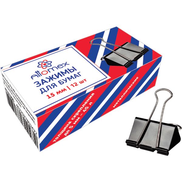 Зажимы для бумаг 15 мм, 12 шт., черные, Attomex Зажимы для бумаг 15 мм, 12 шт., черные, Attomex