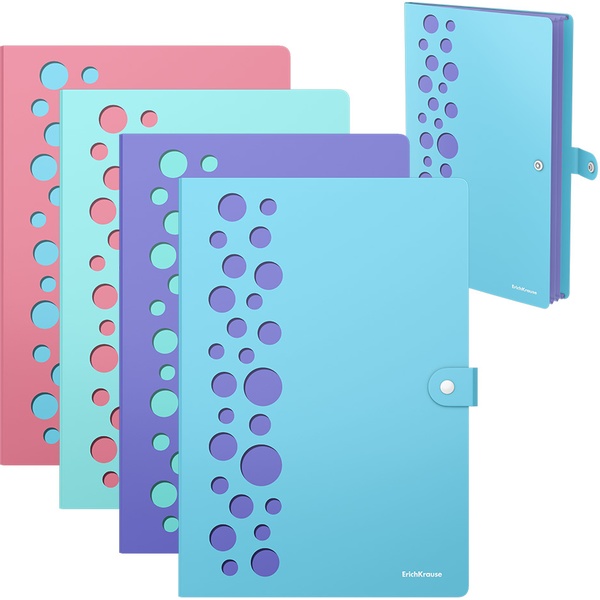 Папка-картотека А4, 4 отд., на кнопке, 600 мкм, PP, 2-цветная, ErichKrause Diagonal Pastel_4 дизайна Папка-картотека А4, 4 отд., на кнопке, 600 мкм, PP, 2-цветная, ErichKrause Diagonal Pastel_4 дизайна