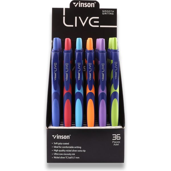 Ручка шариковая автомат., синяя, Ø 0.7 мм "игла", круг. корп., софт-тач, VINSON Live_6 дизайнов 