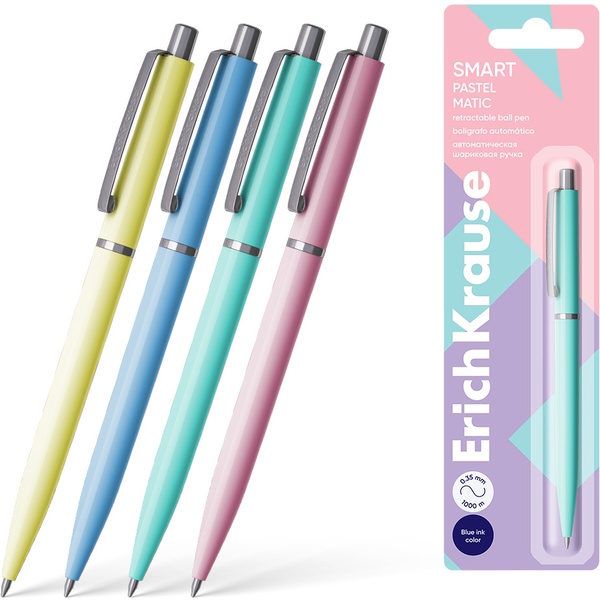 Ручка шариковая автомат., синяя, 0.7 мм, метал. клип, ErichKrause Smart Matic Pastel_4 дизайна (блистер)