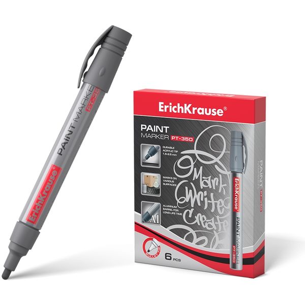 Маркер-краска ErichKrause PT-350, серебристый, спирт. основа, пулевидный н-к, 1.5-2.5 мм, метал. корпус