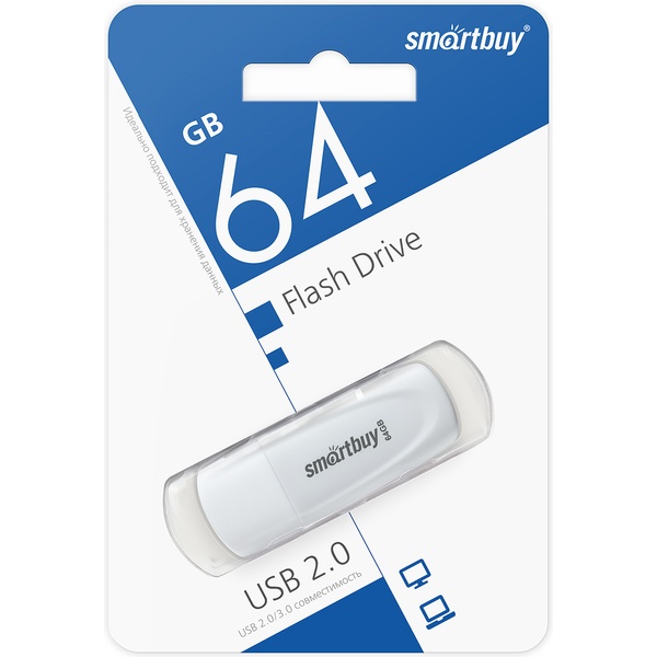 Флеш-накопитель USB 2.0, 64 ГБ, Smartbuy Scout White/белый