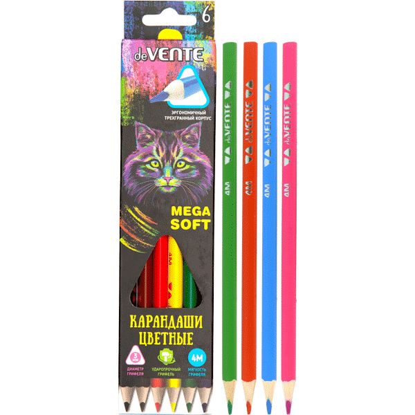 Карандаши цветные 6 шт., деревянные, трехгранные, 4М, deVENTE Trio Mega Soft (в к/к) Карандаши цветные 6 шт., деревянные, трехгранные, 4М, deVENTE Trio Mega Soft (в к/к)
