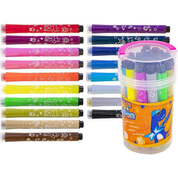 Фломастеры-штампы, 18 цветов, чернила в/о, корп. Jumbo с рис., Yalong ДиноЗавр (п/тубус)