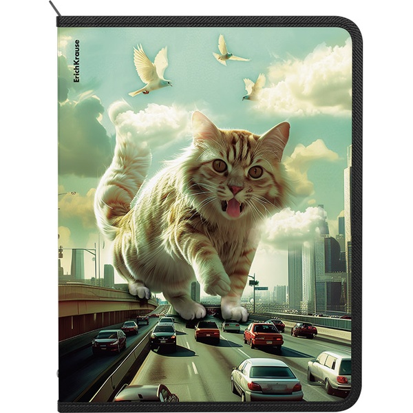 Папка А4+ на молнии (с 3-х сторон), 1 отд., PP 550 мкм, "песок", ErichKrause Big City Cats