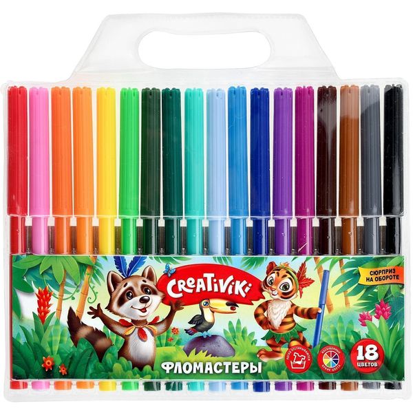 Фломастеры 18 цветов, чернила в/о, вент. колпачок, круг. корп., ШЛ 2 мм, Creativiki (пвх конверт)