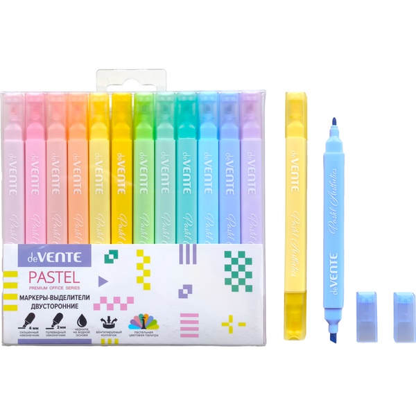 Текстмаркеры двусторонние 12 цветов, пастельные, ШЛ 1-4 мм, н-к "пуля"/"клин", deVENTE Pastel