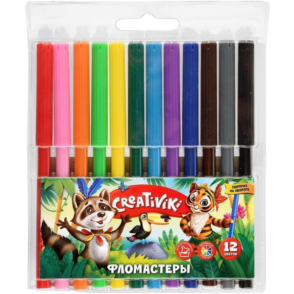 Фломастеры 12 цветов, чернила в/о, вент. колпачок, круг. корп., ШЛ 2 мм, Creativiki (пвх конверт)