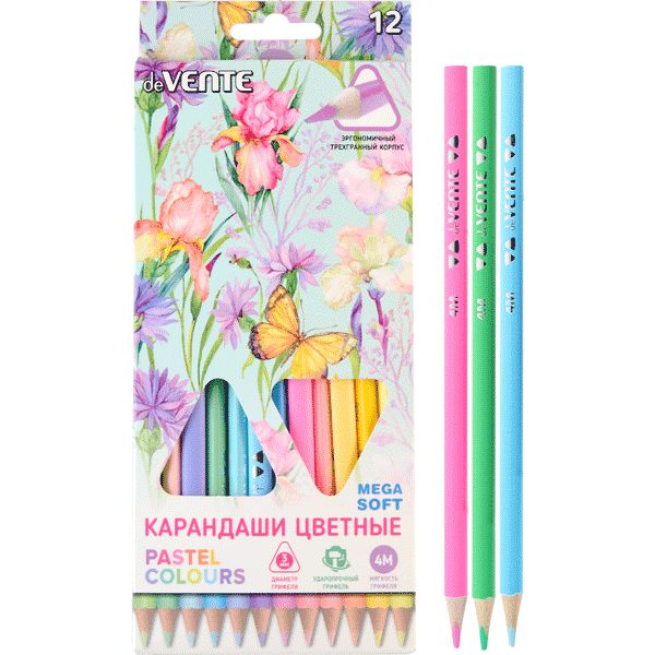 Карандаши цветные 12 шт., деревянные, трехгранные, 4М, deVENTE Trio Mega Soft Pastel (в к/к)