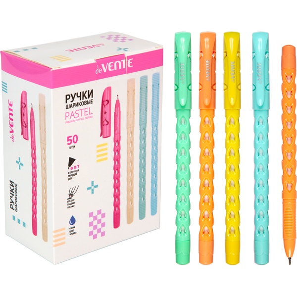 Ручка шариковая, синяя, Ø 0.7 мм "игла", рифл. упор, deVENTE Pastel_4 дизайна