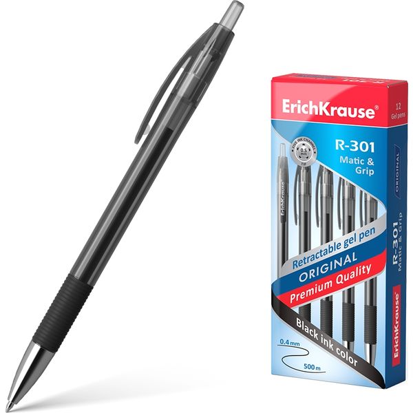 Ручка гелевая автомат., черная, лин. 0.4 мм, ДП 500 м, эрг. грип, ErichKrause R-301 Original Gel Matic