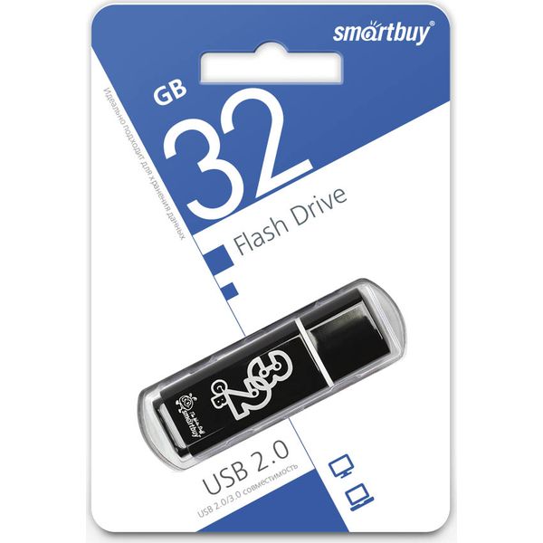 Флеш-накопитель USB 2.0, 32 ГБ, Smartbuy Glossy_смолистый черный Флеш-накопитель USB 2.0, 32 ГБ, Smartbuy Glossy_смолистый черный